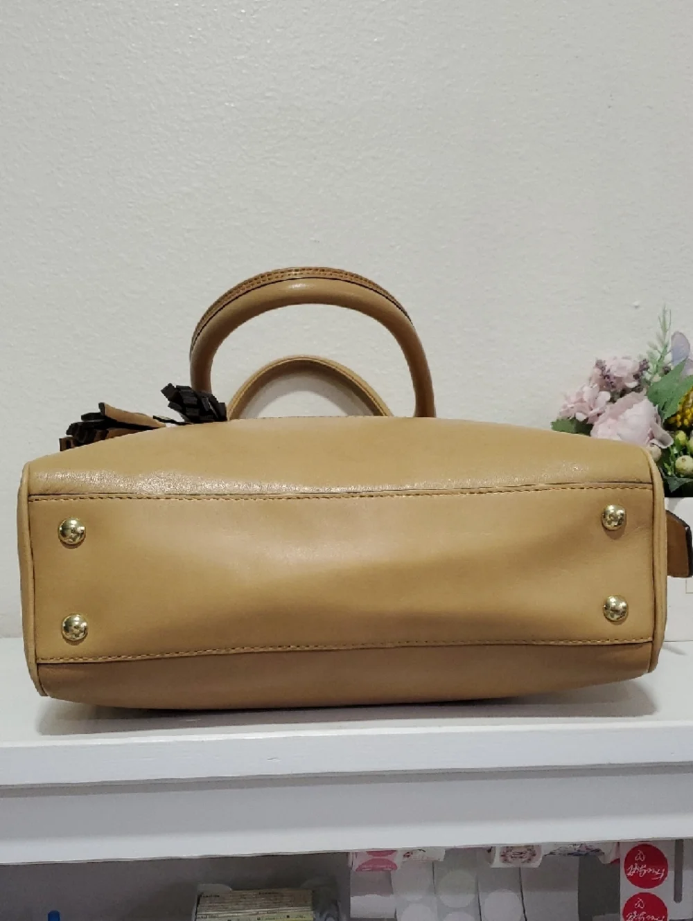 Coach Tan Leather Tote with Tassel Charm